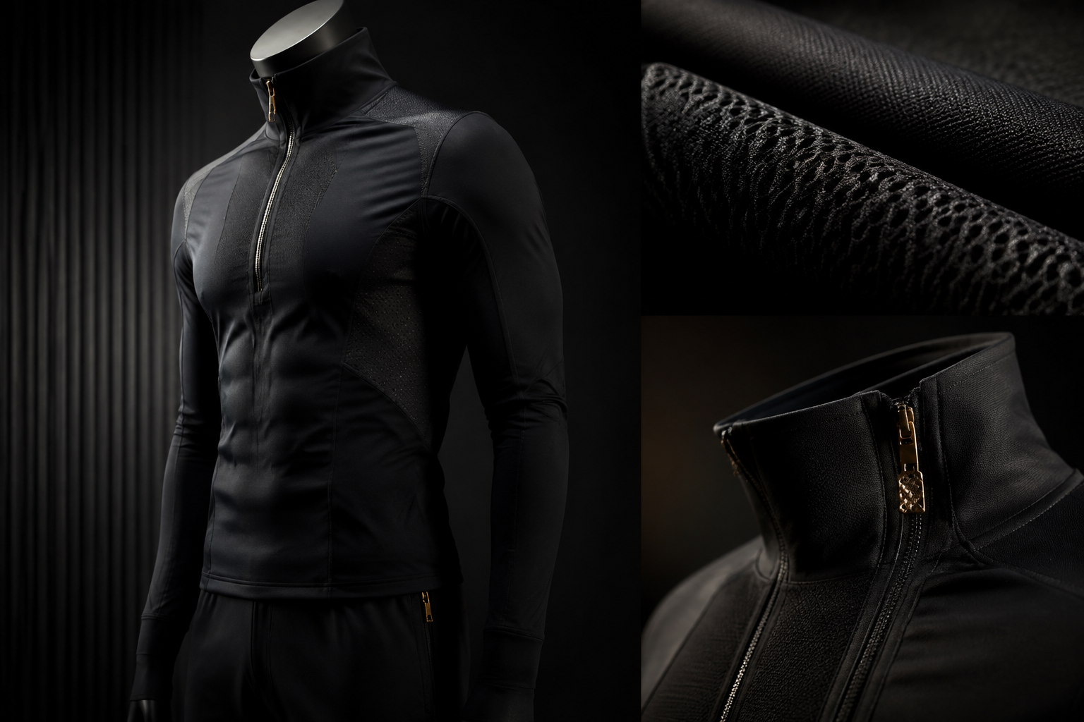 Conceptual black technical performance garment and fabric details