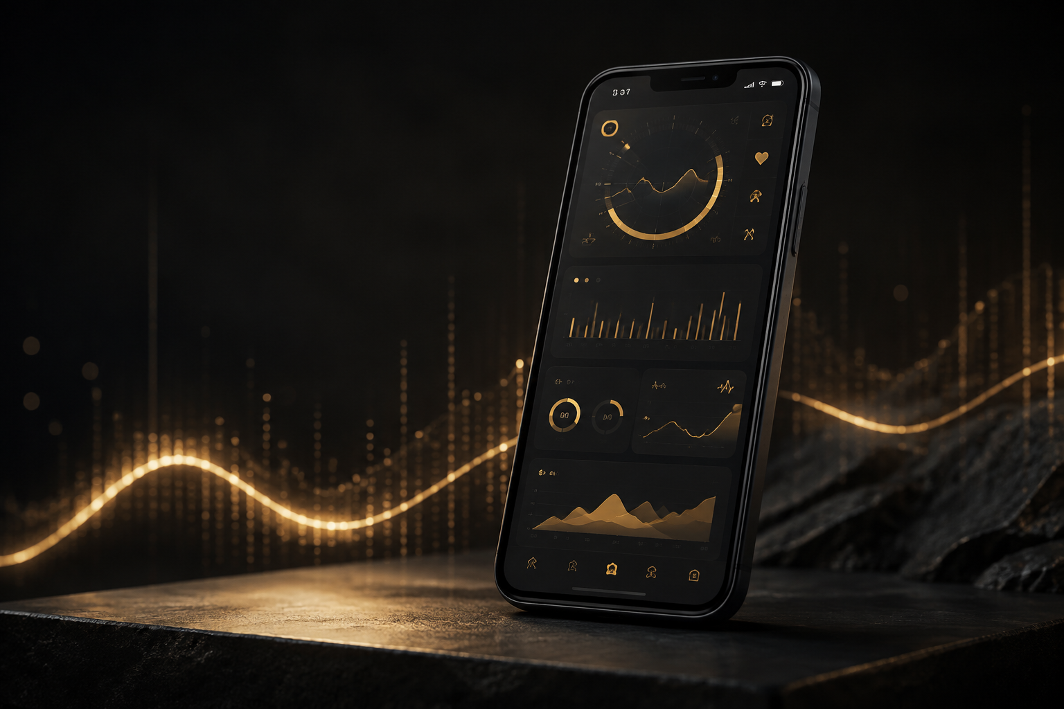 Dark smartphone presenting a gold health and performance interface