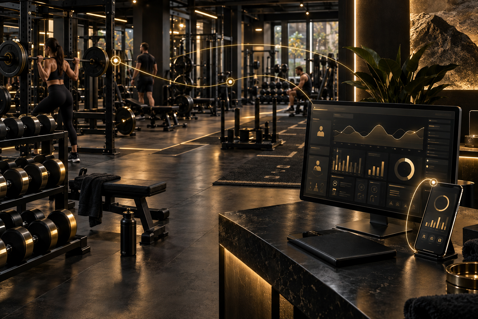 Cinematic modern gym with a connected business dashboard and member mobile application in black and gold