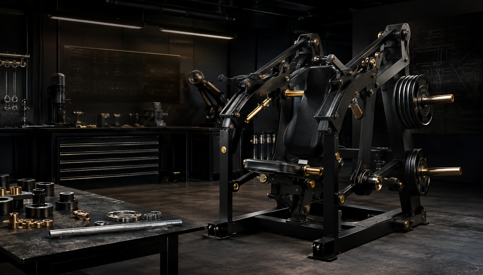 Conceptual black steel strength machine in a precision workshop